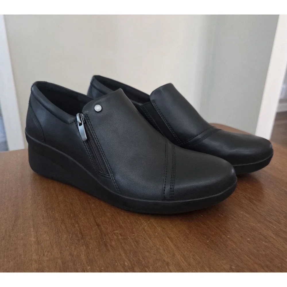 Clarks Suttyn Zip Wedge Shoes Women's 10 Leather Black Ultimate Comfort